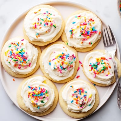 A close-up view of soft Walmart-Style Sugar Cookies with Buttercream Frosting and colorful sprinkles on a wooden table.