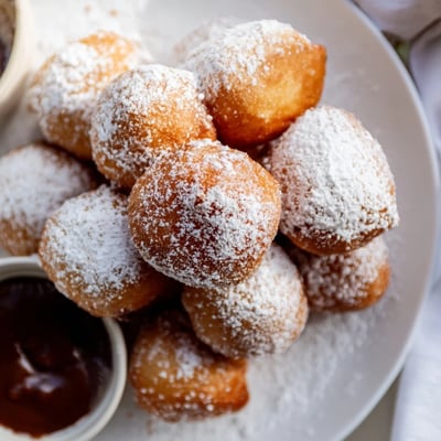 A close-up of pillowy Vanilla French Beignets with a sweet vanilla aroma and powdered sugar coating.