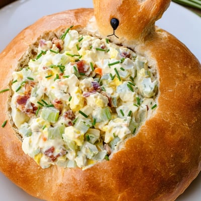 In this close-up, the Easter Bunny Cob with Egg Salad features golden crusts and fresh parsley garnish for a family brunch.  