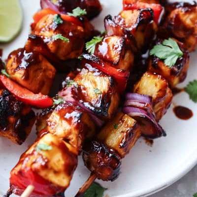 Tender chicken cubes and sweet pineapple chunks on skewers with vibrant red bell peppers for color.  
