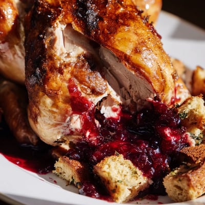 Fresh herbs garnish the juicy Cherry Roast Chicken, which is stuffed with sage breadcrumbs and served beside a dish of rich cherry sauce.