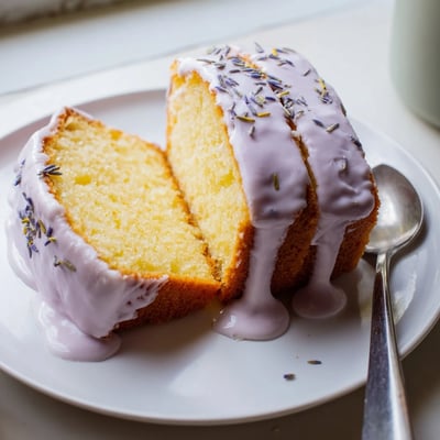 Glossy lavender glaze cascading down a layered bundt cake with floral purple hue