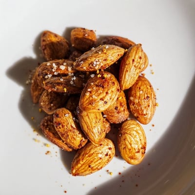 Crunchy roasted almonds coated in smoked paprika cooling on parchment paper