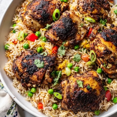 Spicy jerk chicken rice steaming in a skillet with colorful bell peppers and peas
