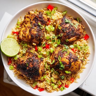 Spicy jerk chicken rice steaming in a skillet topped with bright green onions and lime wedges
