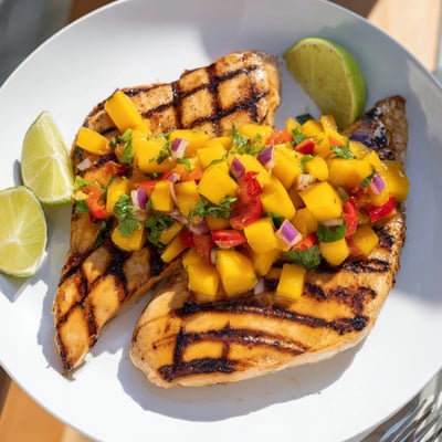 Honey lime chicken sliced open revealing juicy interiors beside colorful tropical mango salsa