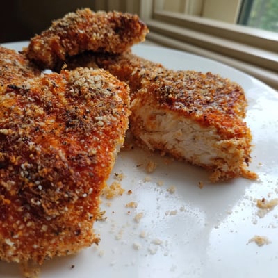 Juicy paprika Parmesan chicken sliced open revealing tender meat beside roasted vegetables
