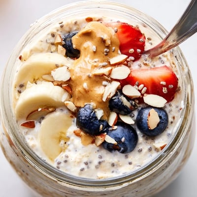 Thick protein overnight oats layered with banana slices and chopped nuts