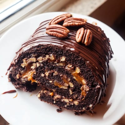 Chocolate Caramel Turtle Cake Roll